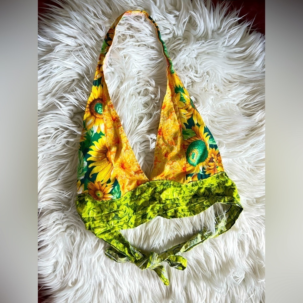 Handmade Sunflower Halter Crop Top Tie Back Boho Festival Y2K Floral Top S/M